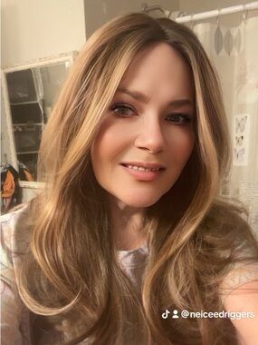 Long Brown Wig with Blonde Highlights - Sleek Layered Style